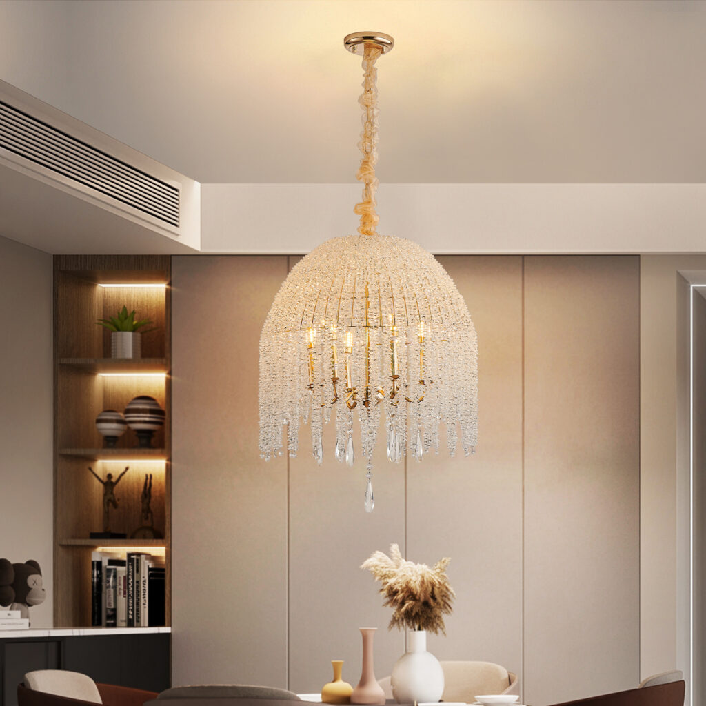20 Inch 6 Light K9 Crystal Pendant Light Chandelier Elegant Waterfall Design With Cascading Crystal Bead Strings And Gold Finish For Living Room, Bedroom, Or Dining Area Bulb Not Included