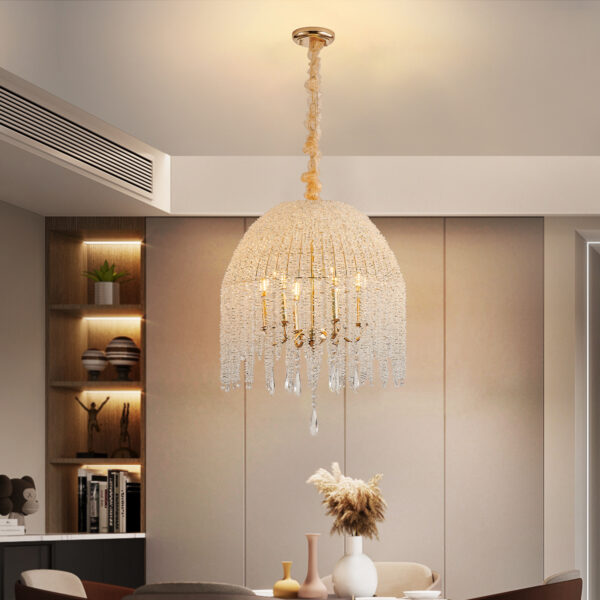 20 Inch 6 Light K9 Crystal Pendant Light Chandelier  Elegant Waterfall Design With Cascading Crystal Bead Strings And Gold Finish For Living Room, Bedroom, Or Dining Area Bulb Not Included - Image 7
