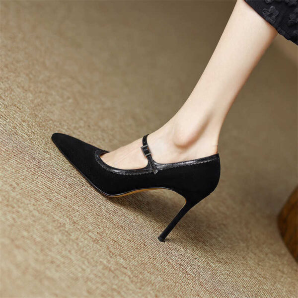 Women's Stiletto Heel Genuine Leather Buckle Pointed Toe Low-cut Shoes - Image 5