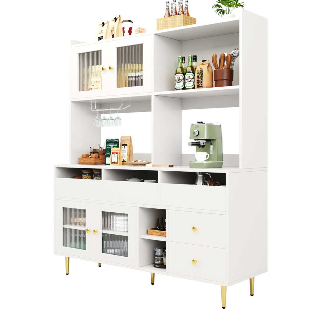 Multi-purpose Storage Cabinet145 X 39 X 171 Cm, Modern Design, With Changhong Glass Door, Wine Glass Holder, Multi-layered Storage Space, White With Gold Decoration, Suitable For Home And Restaurant