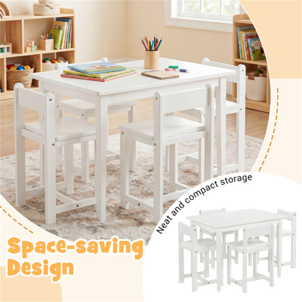 Kids Wooden Table And Chairs Set (1 Table + 4 Chairs), Rubber Wood Toddler Activity Set (White) - Image 11