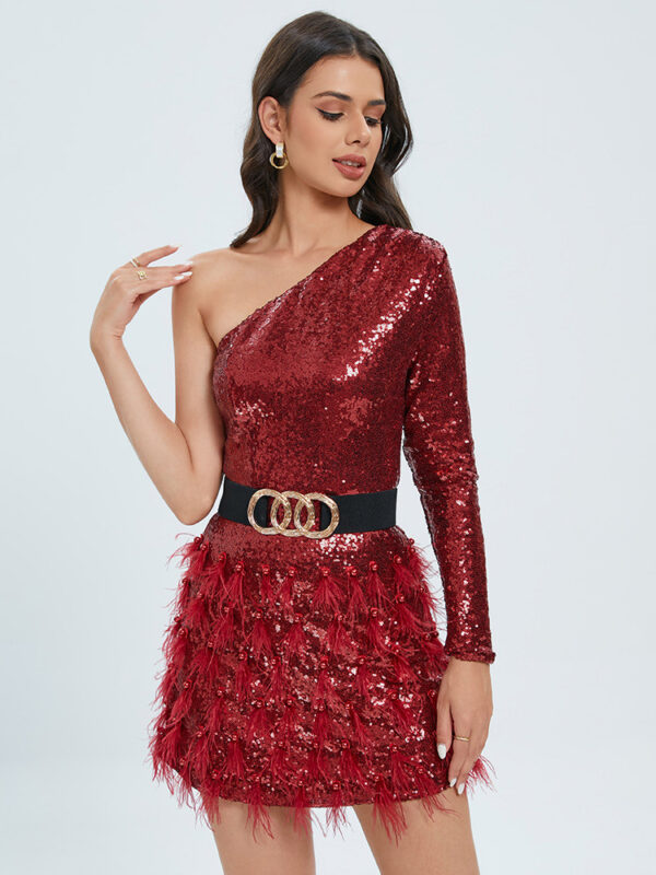 Women's Solid Color Waist Cinched Sequin Feather Decoration Dress - Image 3