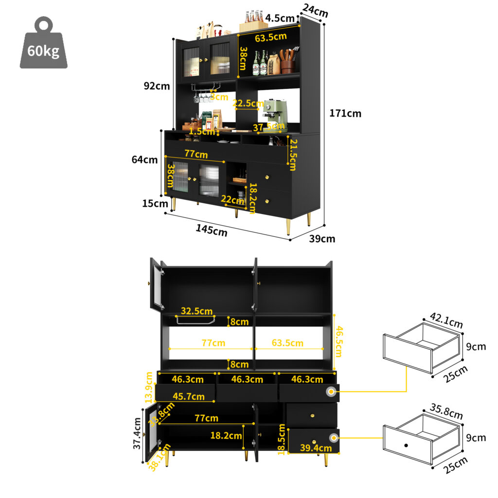 Multi-purpose Storage Cabinet145 X 39 X 171 Cm Modern Design, With Changhong Glass Door, Wine Glass Holder, Multi-layered Storage Space, Black With Gold Decoration, Suitable For Home And Restaurant