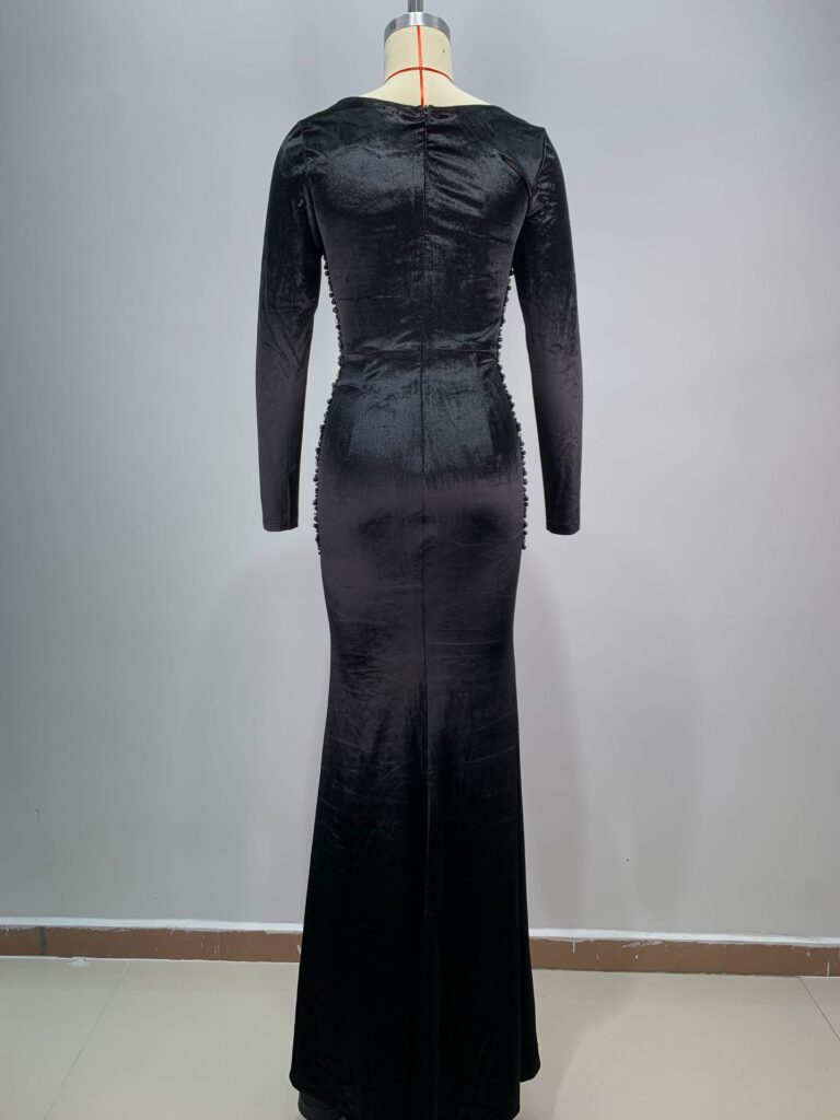 Women's Beaded See-through Fishbone Abdomen-control Black Dress