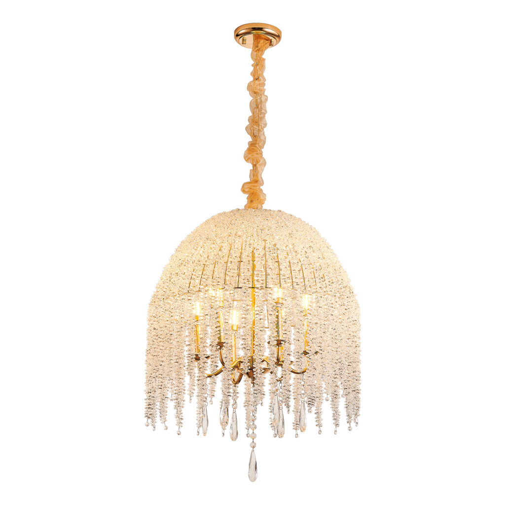 20 Inch 6 Light K9 Crystal Pendant Light Chandelier Elegant Waterfall Design With Cascading Crystal Bead Strings And Gold Finish For Living Room, Bedroom, Or Dining Area Bulb Not Included