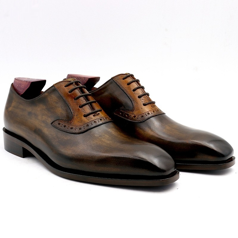 Cowhide Colorblock Handmade Calfskin Sole Lace Up Breathable Men