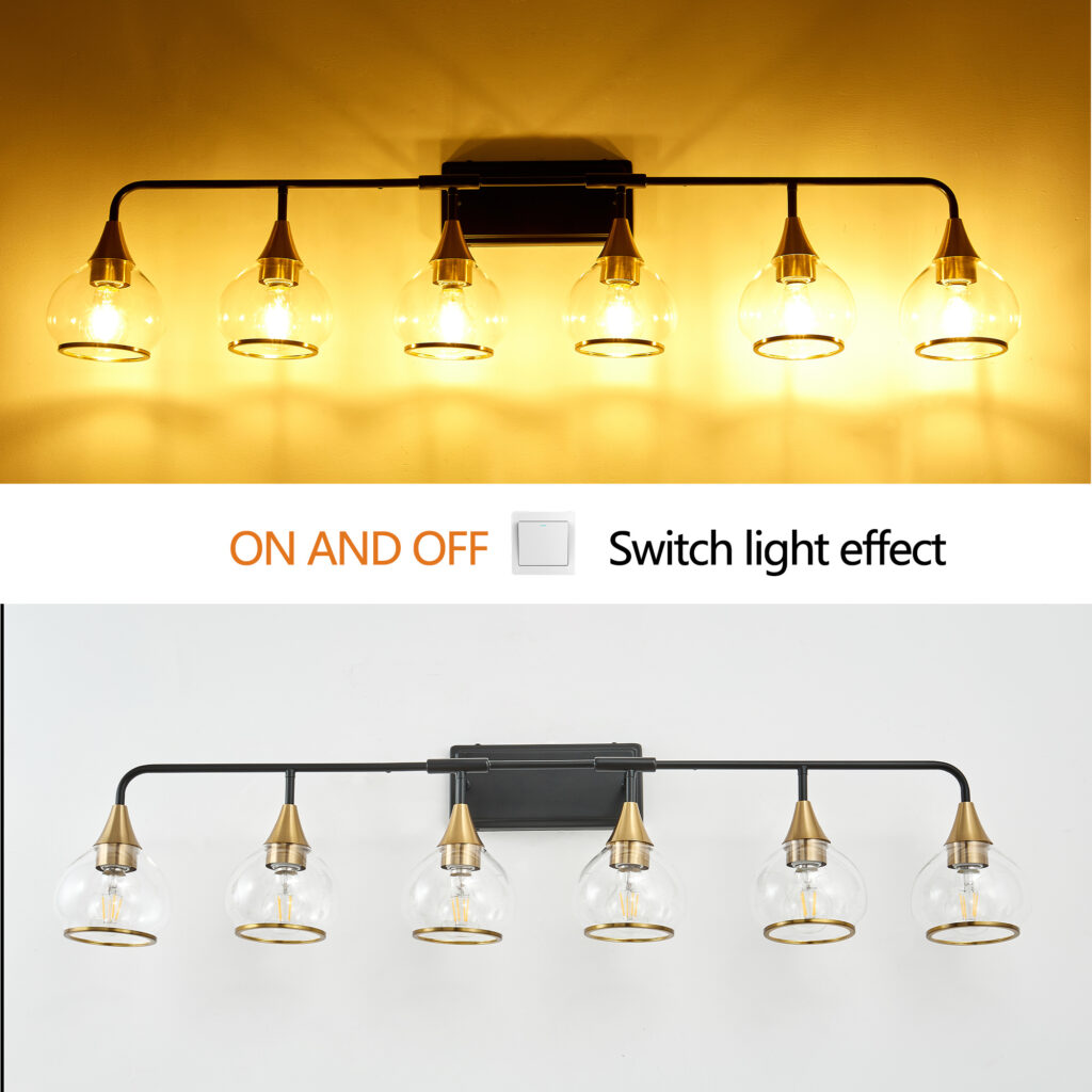 48in  Modern 6-Light Vanity Wall Sconce - Black And Gold Bathroom Light Fixture With Clear Glass Shades, Industrial Wall Mounted Lamp For Mirror, Vanity, And Living Spaces  Bulb Not Included