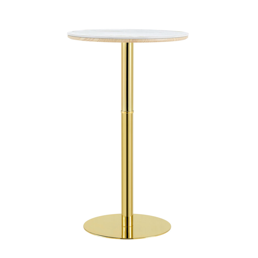Rock Slab Circular Tabletop Non Adjustable  39.5 Inches High  Bar Table, Bar Table With Gold Legs And Base  White Gold