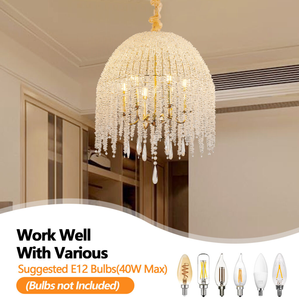 20 Inch 6 Light K9 Crystal Pendant Light Chandelier Elegant Waterfall Design With Cascading Crystal Bead Strings And Gold Finish For Living Room, Bedroom, Or Dining Area Bulb Not Included