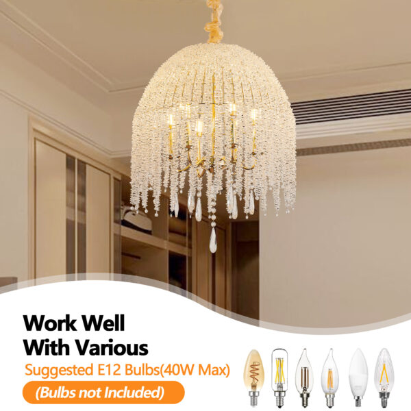 20 Inch 6 Light K9 Crystal Pendant Light Chandelier  Elegant Waterfall Design With Cascading Crystal Bead Strings And Gold Finish For Living Room, Bedroom, Or Dining Area Bulb Not Included - Image 4