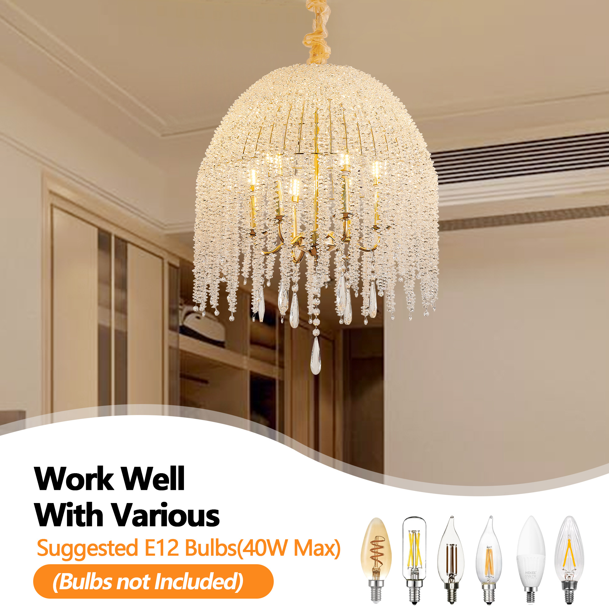 20 Inch 6 Light K9 Crystal Pendant Light Chandelier  Elegant Waterfall Design With Cascading Crystal Bead Strings And Gold Finish For Living Room, Bedroom, Or Dining Area Bulb Not Included - Image 4
