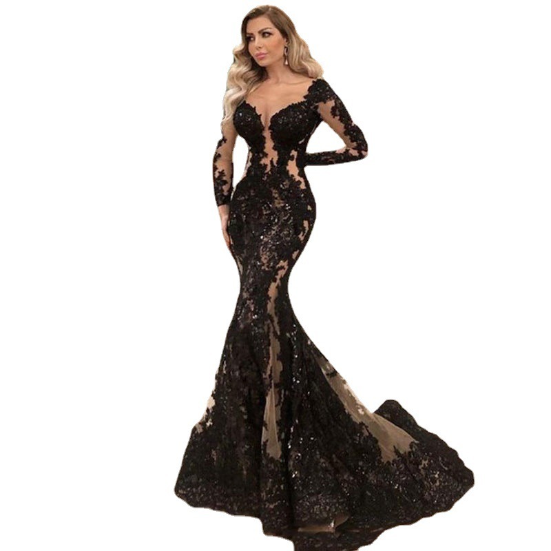Black Lace Long-sleeved Mermaid Slim Evening Dress - Image 4