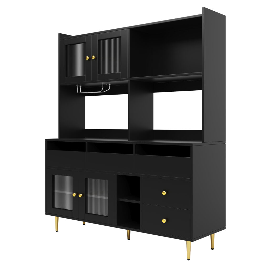 Multi-purpose Storage Cabinet145 X 39 X 171 Cm Modern Design, With Changhong Glass Door, Wine Glass Holder, Multi-layered Storage Space, Black With Gold Decoration, Suitable For Home And Restaurant