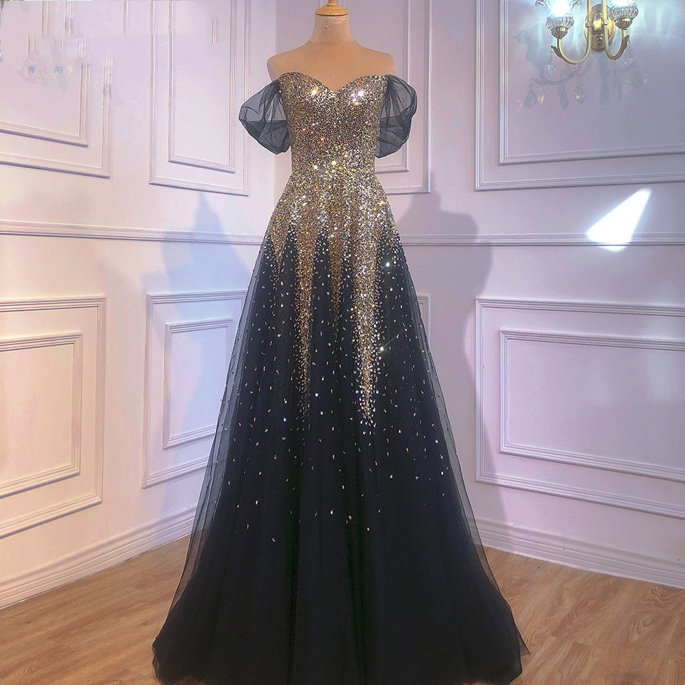 Black Gold One Word Shoulder Hosting Banquet Bride Toasting Evening Dress - Image 1