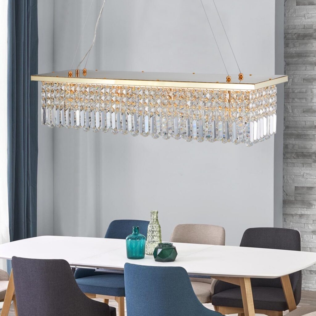 Modern Crystal Chandelier For Dining Room 8-Light Gold Rectangle Raindrop Chandelier Contemporary Rectangular Pendant Light Fixture For Kitchen Island Bar L39.4 X W9.8 X H8.7 Bulb Not Included
