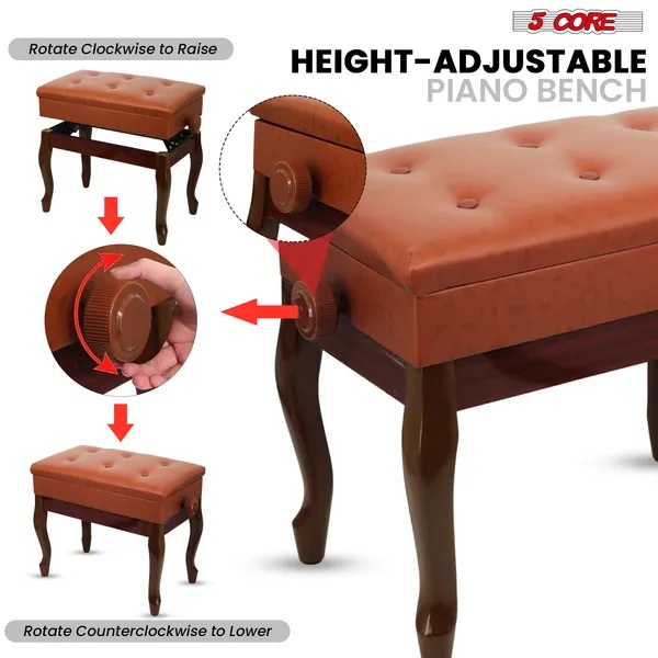 5 Core Piano Bench 3" Padded Cushioned Stool Wooden Heavy Duty Adjustable Musician Chair W Storage - PNB WD HD CML BR - Image 5