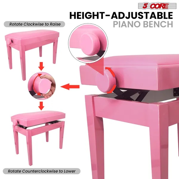 5 Core Adjustable Piano Bench Thick 3.25" Solid Wood Keyboard Stool Heavy Duty Musician Chair - Image 3