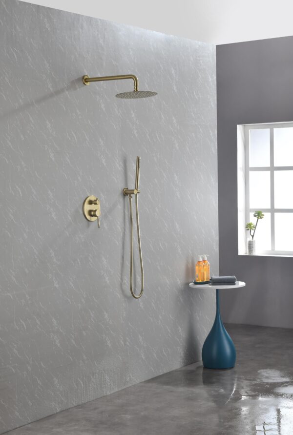 Shower System, Wall Mounted Shower Faucet Set For Bathroom With High Pressure 10 Stainless Steel Rain Shower Head Handheld Shower Set, 2 Way Pressure Balance Shower Valve Kit, Brushed Gold - Image 3