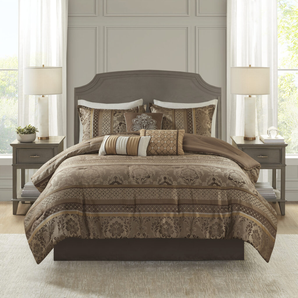 7 Piece Jacquard Comforter Set Brown Gold Cal King
