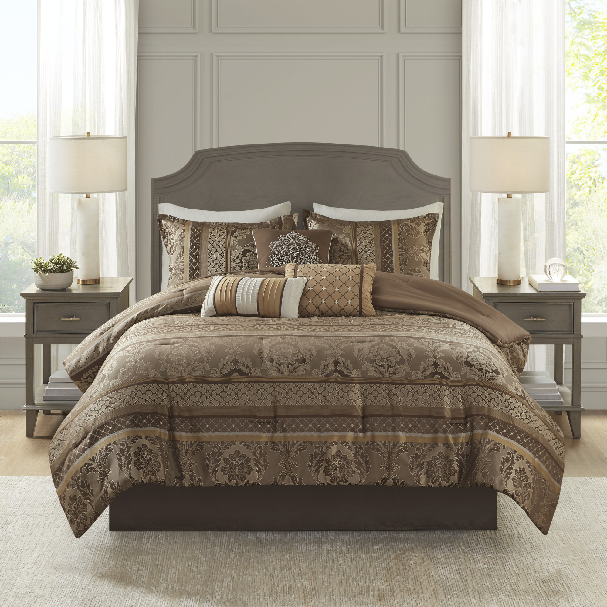 7 Piece Jacquard Comforter Set Brown Gold Cal King - Image 2