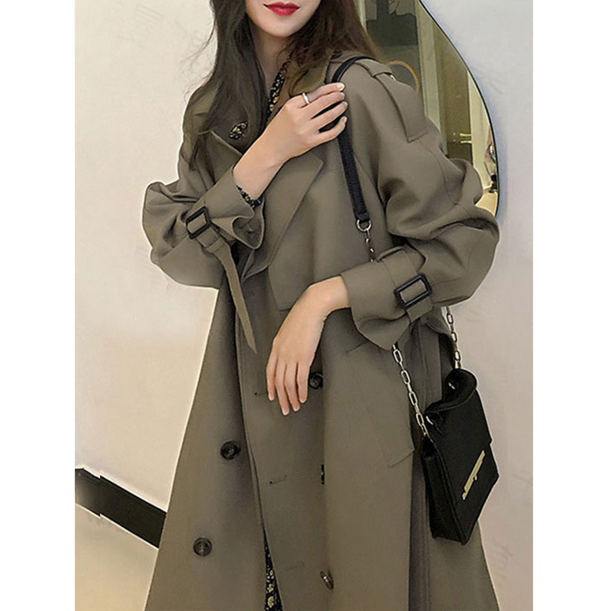 Women Trendy Trench Coat, Double Breasted Coat, Korean Women