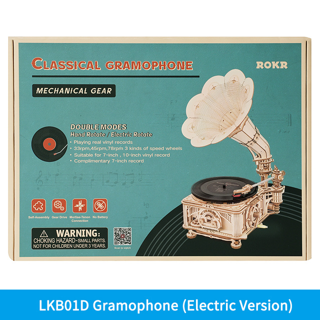 Robotime ROKR DIY Hand Crank Classic Gramophone Wooden Puzzle Model Building Kits Assembly Toy Gift For Children LKB01 - Image 11