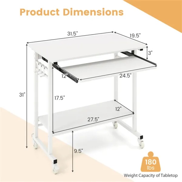 White Mobile Computer Desk With Keyboard Tray & Storage Shelf, 360 Lockable Casters For Home Office - Image 5