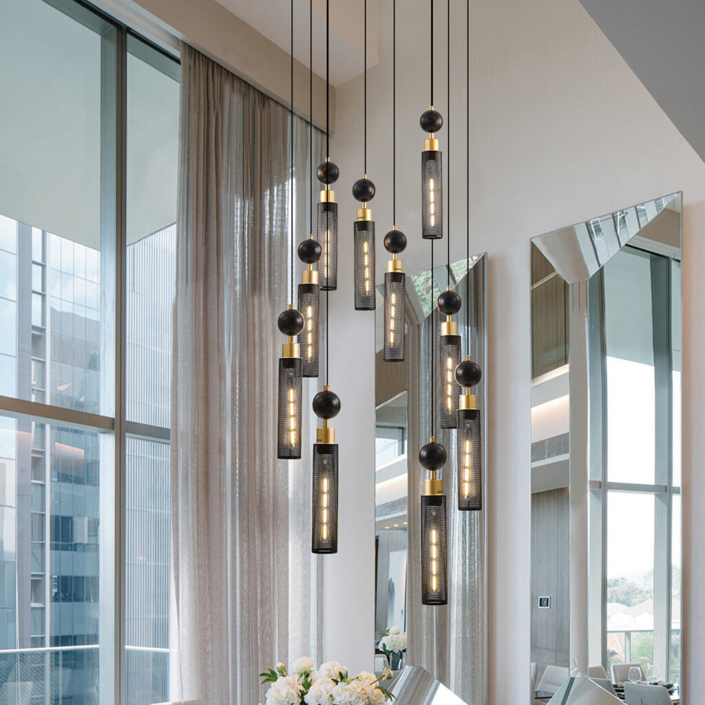 24 Modern Industrial Multi-Light Pendant Chandelier - 9-Light Black And Gold Adjustable Ceiling Light Fixture With Mesh Cylinder Shades For Living Room, Dining Room, Or Staircase Bulb Not Included