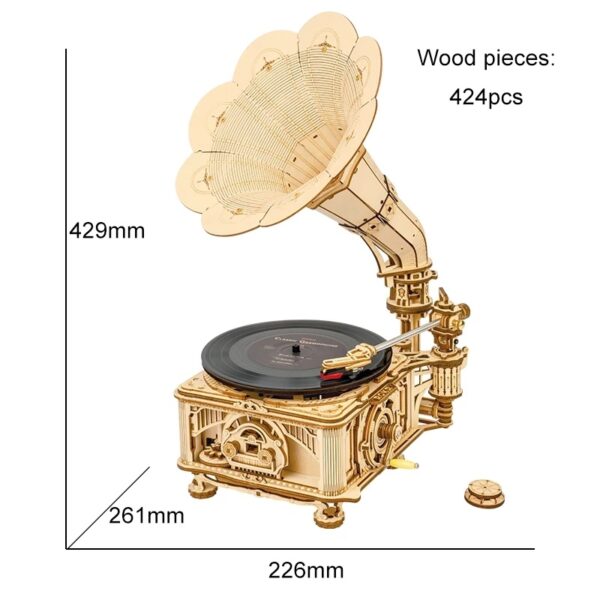 Robotime ROKR DIY Hand Crank Classic Gramophone Wooden Puzzle Model Building Kits Assembly Toy Gift For Children LKB01 - Image 5