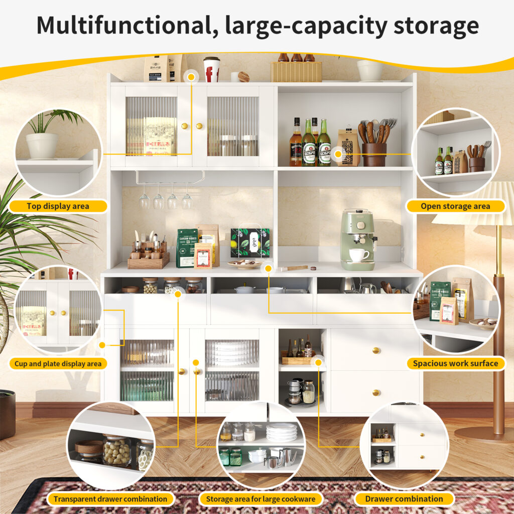 Multi-purpose Storage Cabinet145 X 39 X 171 Cm, Modern Design, With Changhong Glass Door, Wine Glass Holder, Multi-layered Storage Space, White With Gold Decoration, Suitable For Home And Restaurant