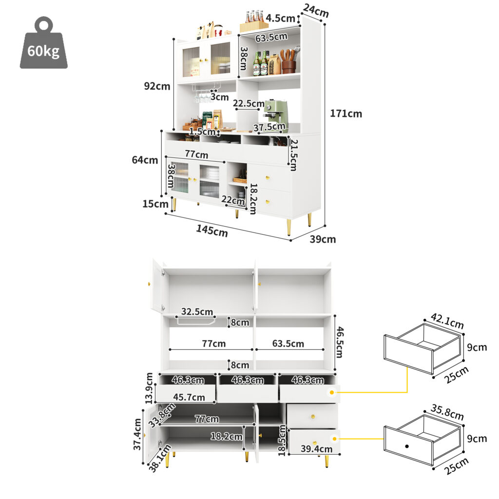 Multi-purpose Storage Cabinet145 X 39 X 171 Cm, Modern Design, With Changhong Glass Door, Wine Glass Holder, Multi-layered Storage Space, White With Gold Decoration, Suitable For Home And Restaurant