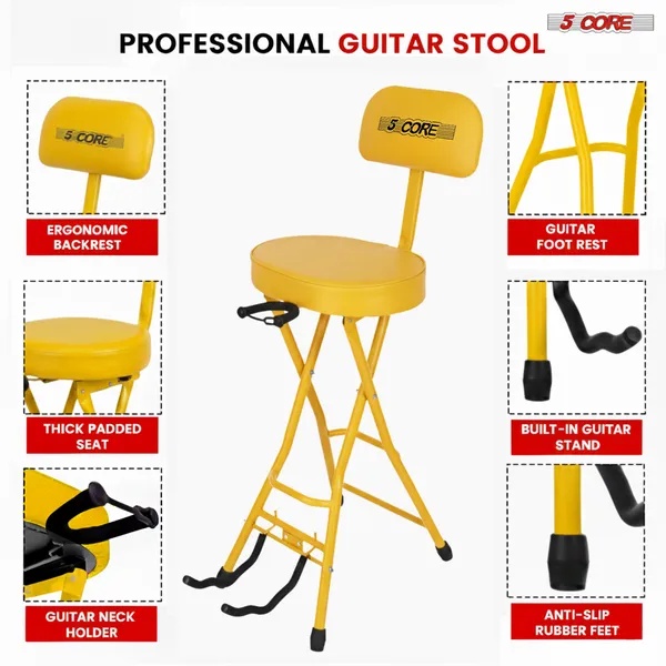 5Core Guitar Stool 3.15" Padded Chair W Backrest Foldable Music Seat Built In Foot Rest Guitar Stand - Image 4