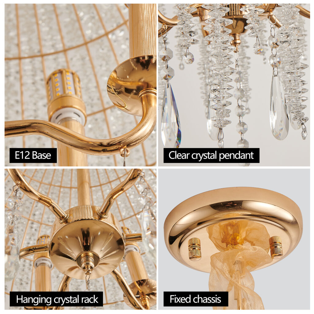 20 Inch 6 Light K9 Crystal Pendant Light Chandelier Elegant Waterfall Design With Cascading Crystal Bead Strings And Gold Finish For Living Room, Bedroom, Or Dining Area Bulb Not Included