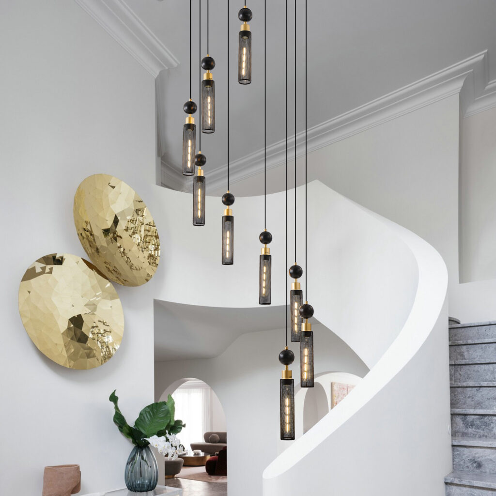 24 Modern Industrial Multi-Light Pendant Chandelier - 9-Light Black And Gold Adjustable Ceiling Light Fixture With Mesh Cylinder Shades For Living Room, Dining Room, Or Staircase Bulb Not Included