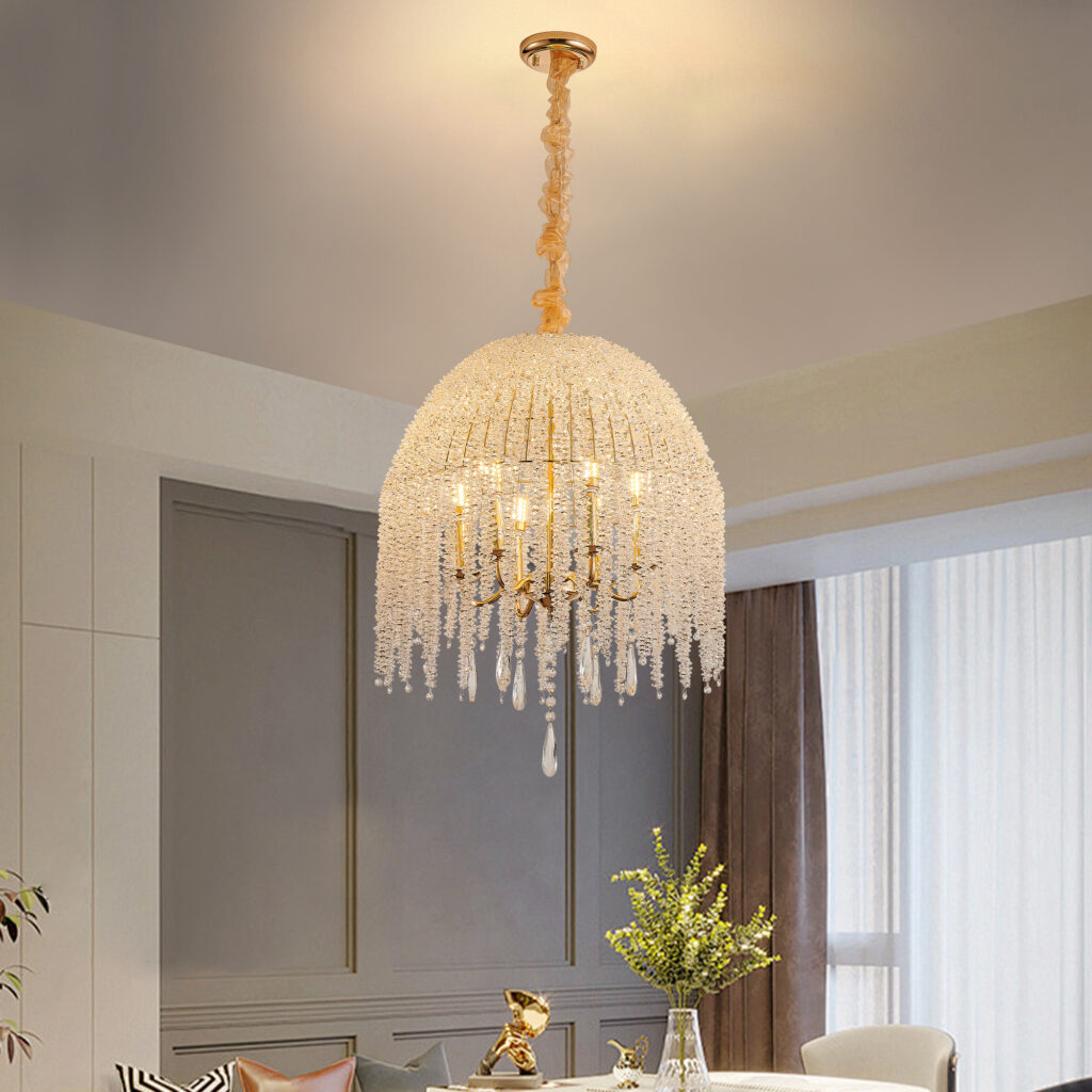 20 Inch 6 Light K9 Crystal Pendant Light Chandelier Elegant Waterfall Design With Cascading Crystal Bead Strings And Gold Finish For Living Room, Bedroom, Or Dining Area Bulb Not Included