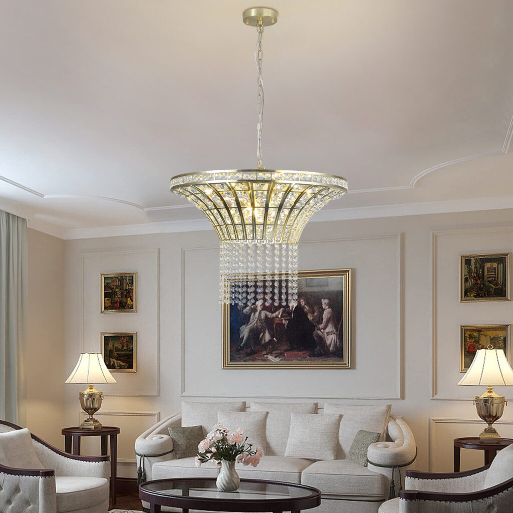 Same As W1340P189414-L005016-D600-P8G 24in Modern Crystal Round Chandelier With Gold Finish, Elegant Pendant Light With Cascading Beads, For Dining Room, Living Room, Or Foyer No Bulbs