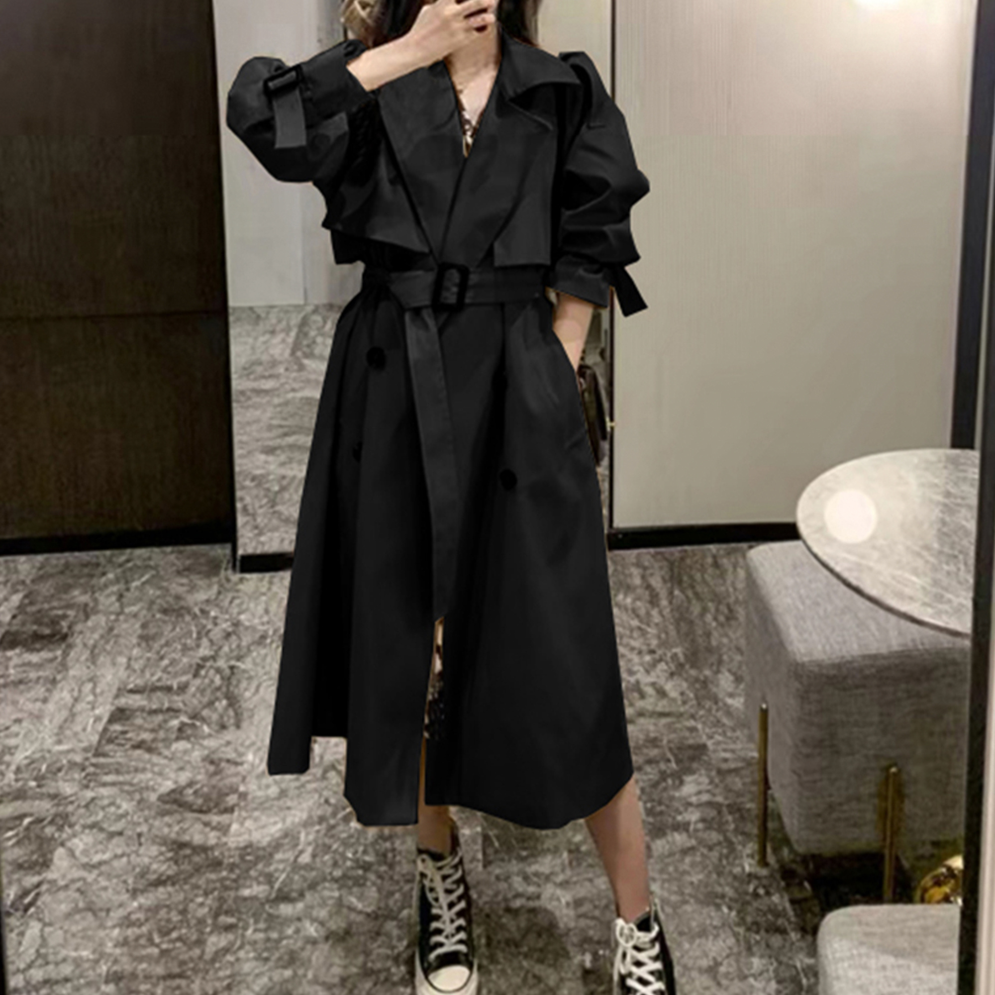 Women Trendy Trench Coat, Double Breasted Coat, Korean Women