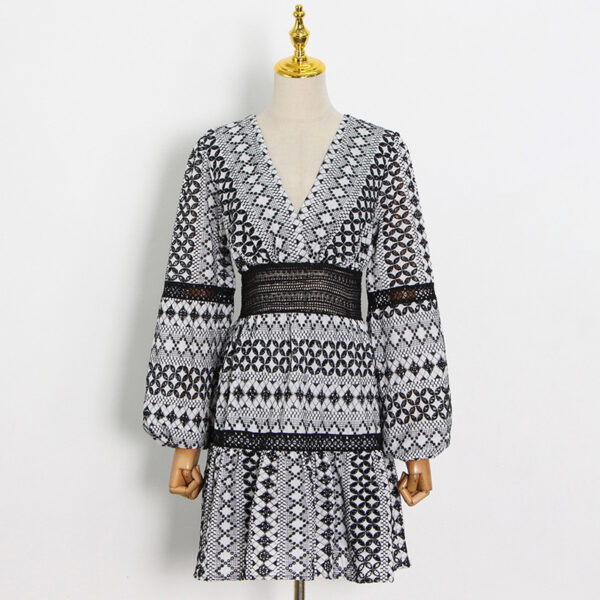 Women's Deep V Neck Puff Sleeves Slim Waist Dress - Image 3