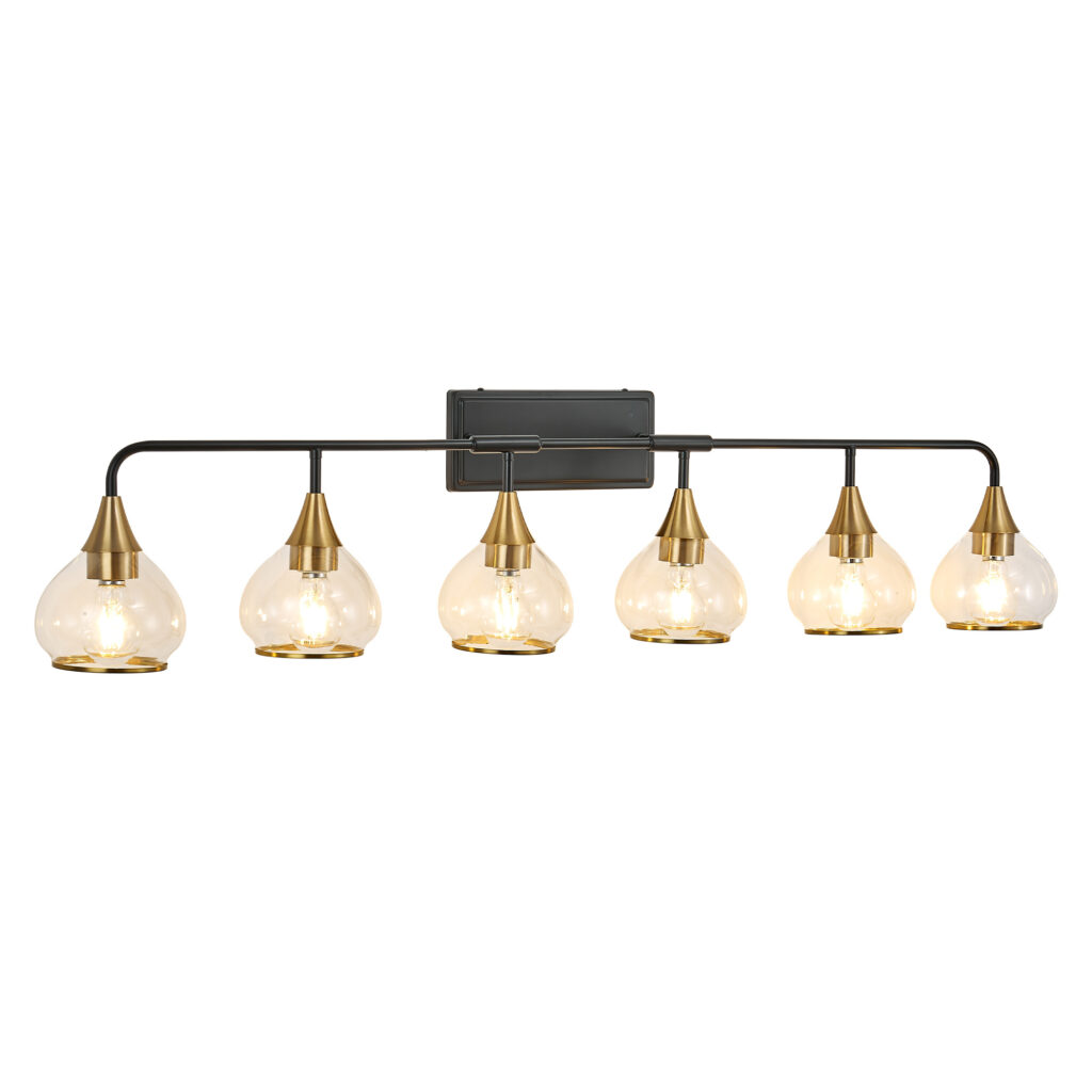 48in  Modern 6-Light Vanity Wall Sconce - Black And Gold Bathroom Light Fixture With Clear Glass Shades, Industrial Wall Mounted Lamp For Mirror, Vanity, And Living Spaces  Bulb Not Included