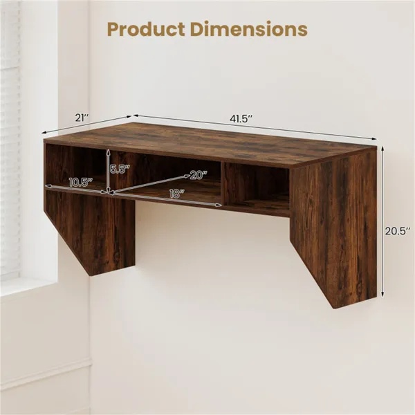 Rustic Brown Wall-Mounted Floating Computer Desk With 3-Cube Storage, Sturdy Wooden Workstation For Home Office - Image 2