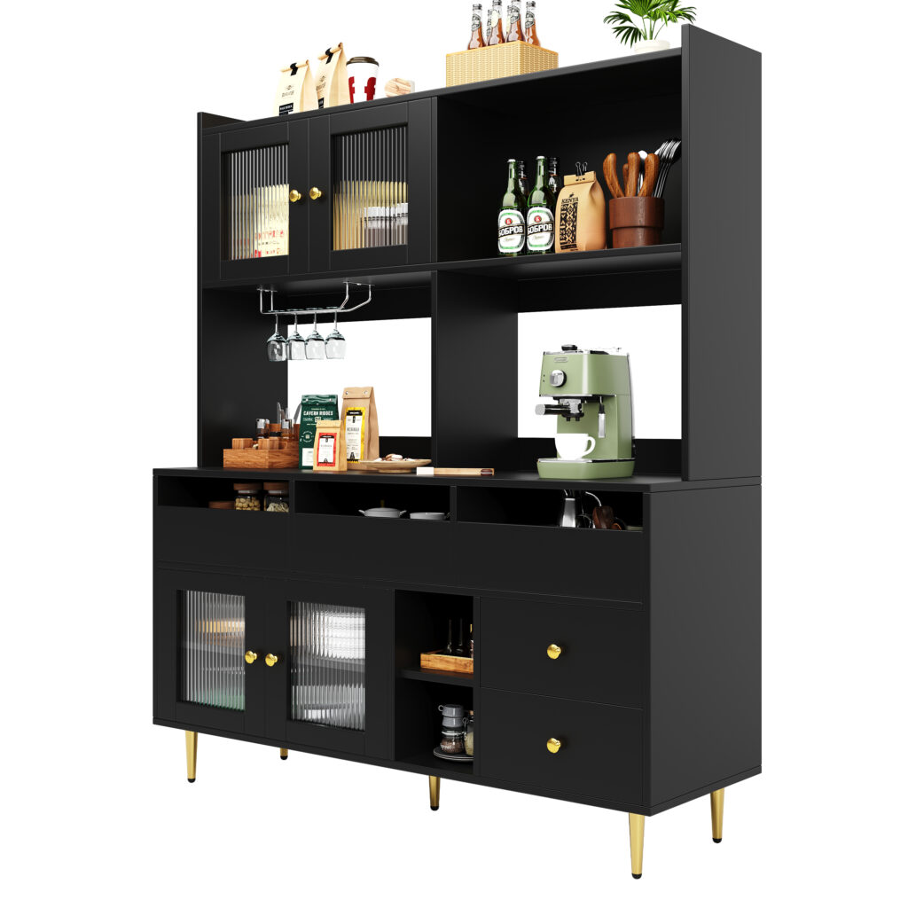 Multi-purpose Storage Cabinet145 X 39 X 171 Cm Modern Design, With Changhong Glass Door, Wine Glass Holder, Multi-layered Storage Space, Black With Gold Decoration, Suitable For Home And Restaurant