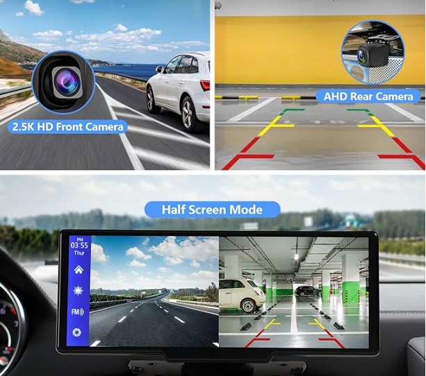 Portable Wireless Carplay With 2.5K Camera, 1080P Back Cam 9.3inches Ultra HD Android Auto Car Play Screen For Car DVR Loop Recording, Bluetooth GPS Navigation Touch Drive Screen With FM Radio System - Image 2