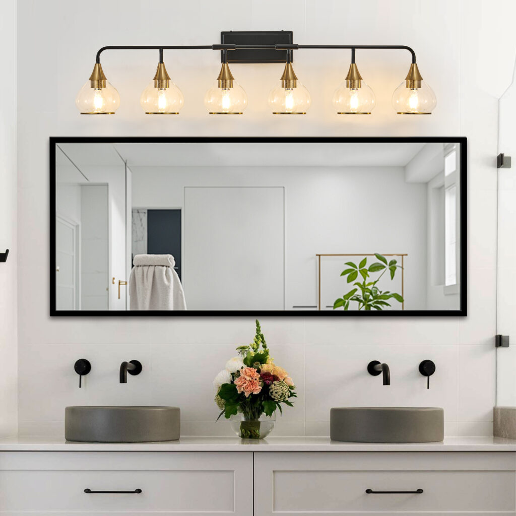 48in  Modern 6-Light Vanity Wall Sconce - Black And Gold Bathroom Light Fixture With Clear Glass Shades, Industrial Wall Mounted Lamp For Mirror, Vanity, And Living Spaces  Bulb Not Included
