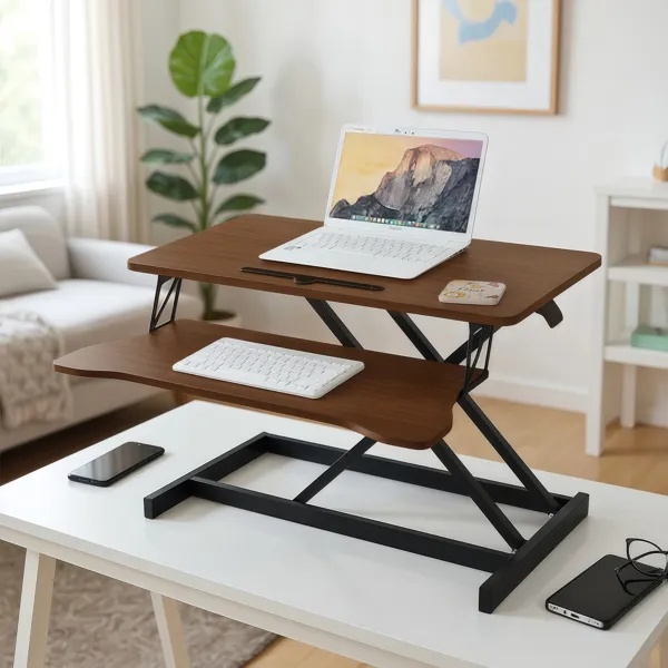 32 Inch Desk Converter, Height Adjustable Sit To Stand Riser, Dual Monitor And Laptop Workstation With Wide Keyboard Tray, Walnut Color - Image 4