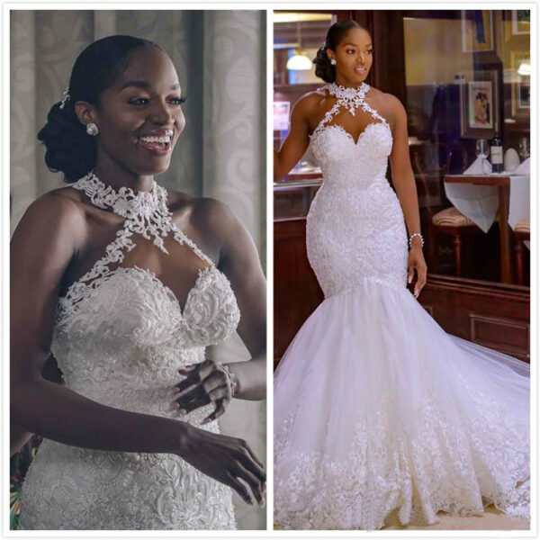Vintage Lace Beaded Wedding Dresses Sheer Neck Mermaid Bridal Dresses Wedding Gowns - Image 6