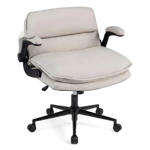 Criss Cross Chair With Flip-Up Arms, Faux Leather Cross Legged Office Chair With Adjustable Height & Rocking Function -Beige