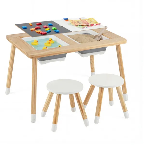 All-in-One Kids Activity Table And Chairs Set, Pine Wood Sensory Table With Foldable Storage Bins For Ages 3+ - Image 5