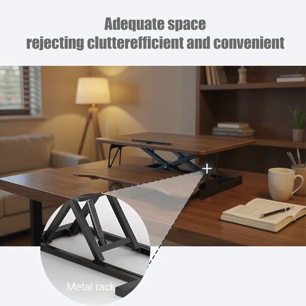 32 Inch Desk Converter, Height Adjustable Sit To Stand Riser, Dual Monitor And Laptop Workstation With Wide Keyboard Tray, Walnut Color - Image 5