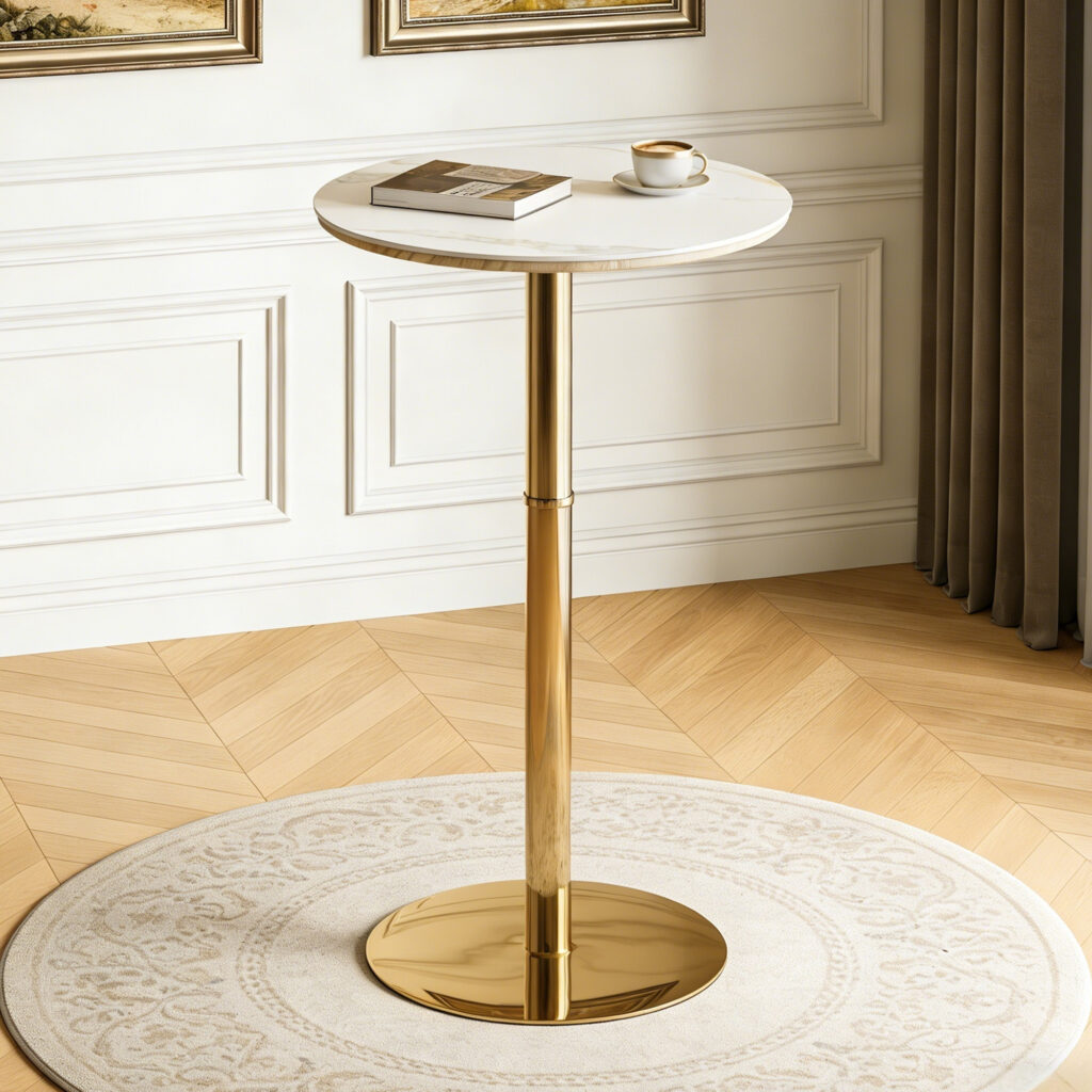 Rock Slab Circular Tabletop Non Adjustable  39.5 Inches High  Bar Table, Bar Table With Gold Legs And Base  White Gold