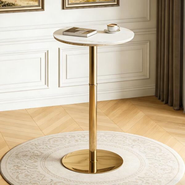 Rock Slab Circular Tabletop Non Adjustable  39.5 Inches High  Bar Table, Bar Table With Gold Legs And Base  White Gold - Image 2
